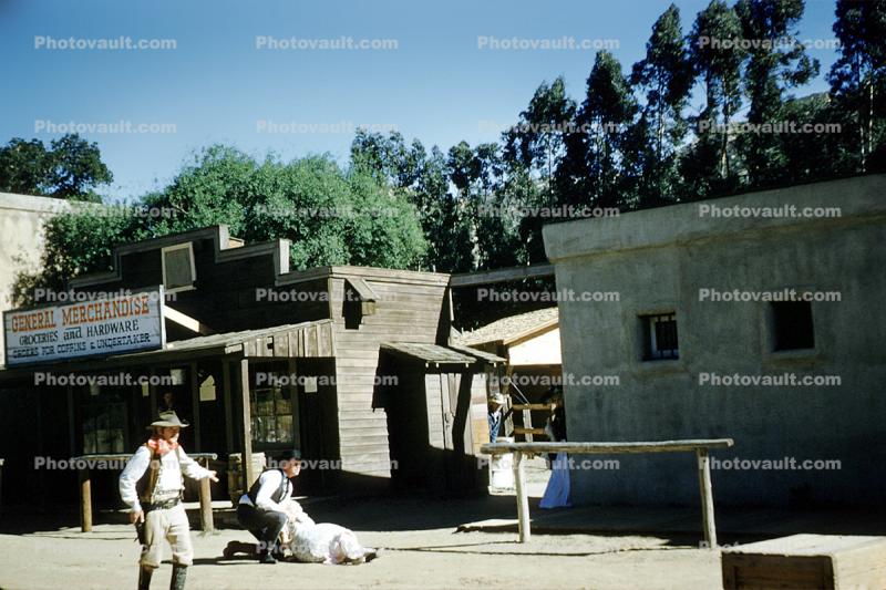 Old Time Western Town, Gunfight, Shootout, Cowboys, Men, March 1961, 1960s