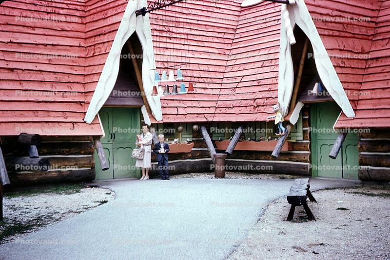 Storybook, shops, buildings, Santa's Village Amusement Park, Dundee Illinois, June 1962, 1960s
