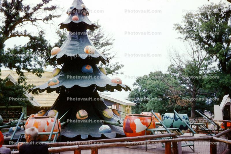 Christmas Tree, Santa's Village Amusement Park, Storybook, teacup ride, buildings, Dundee Illinois, June 1962, 1960s