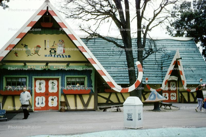 Candy Cane, mushrooms, shops, buildings, Santa's Village Amusement Park, Dundee Illinois, 1962, 1960s