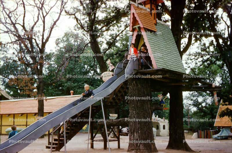 Long Slide, A-Frame house, shops, buildings, Santa's Village Amusement Park, Dundee Illinois, 1962, 1960s