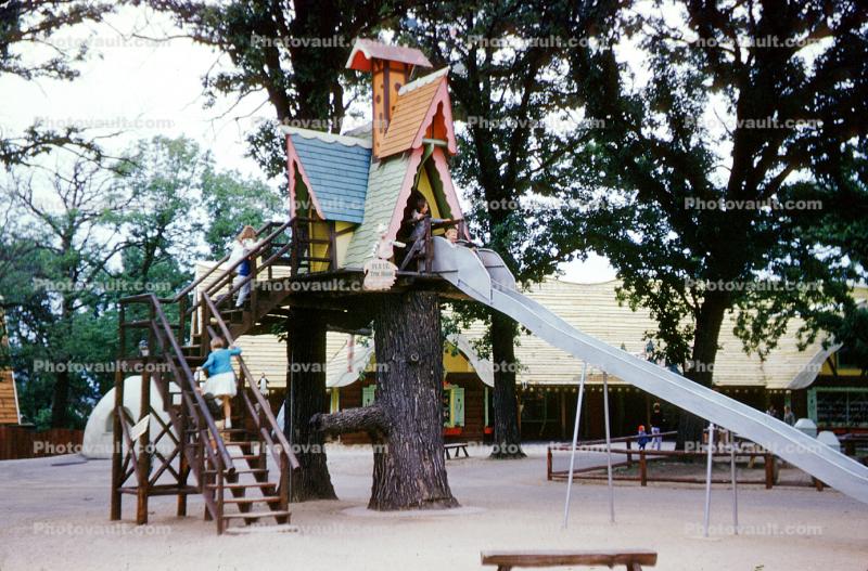 Long Slide, A-Frame house, shops, buildings, Santa's Village Amusement Park, Dundee Illinois, June 1962, 1960s