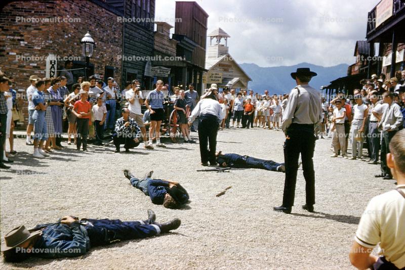 Shootout, Cowboys, Gunslinger, Western Town, Main Street, Ghost Town In The Sky, Maggie Valley, western North Carolina, July 1961, 1960s