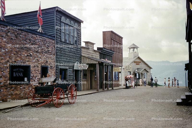 Main Street, One Room Schoolhouse, Wagon, Ghost Town In The Sky, Maggie Valley, western North Carolina, July 1961, 1960s
