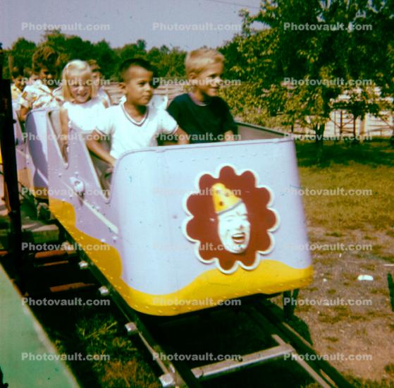 Mini Rollercoaster, Clown Face, Boy, Girl, Little kids Roller Coaster, 1960s