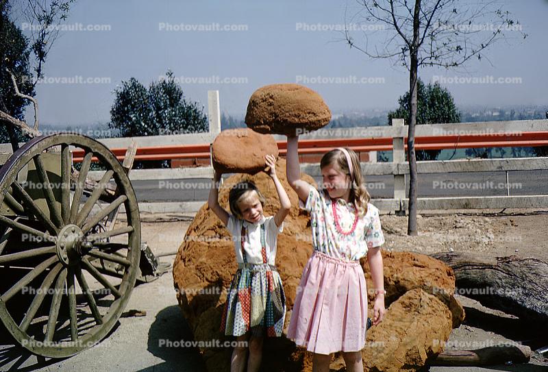 Girls Holding up Movie Rocks, special effects, July 1958