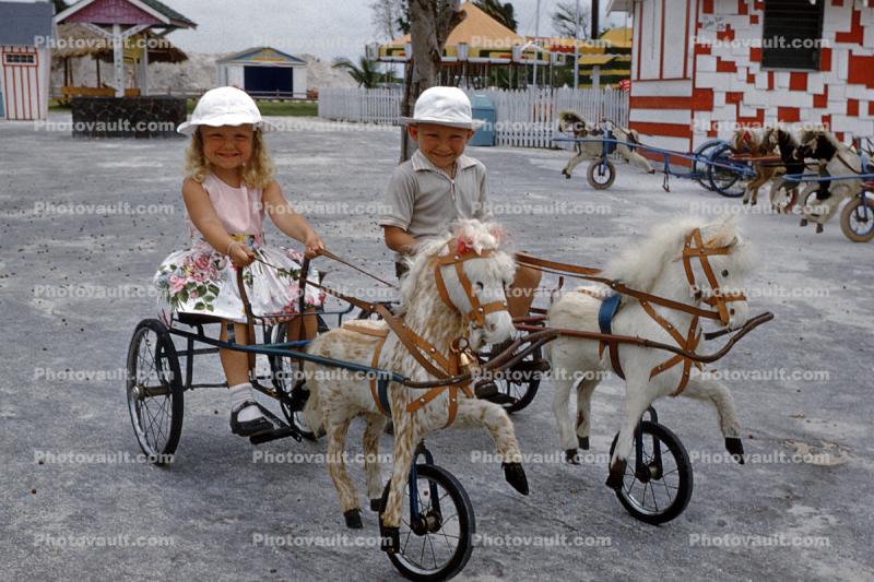 Cute Girl, Cute Boy, Horse Tricycles, Pony, hats, 1950s