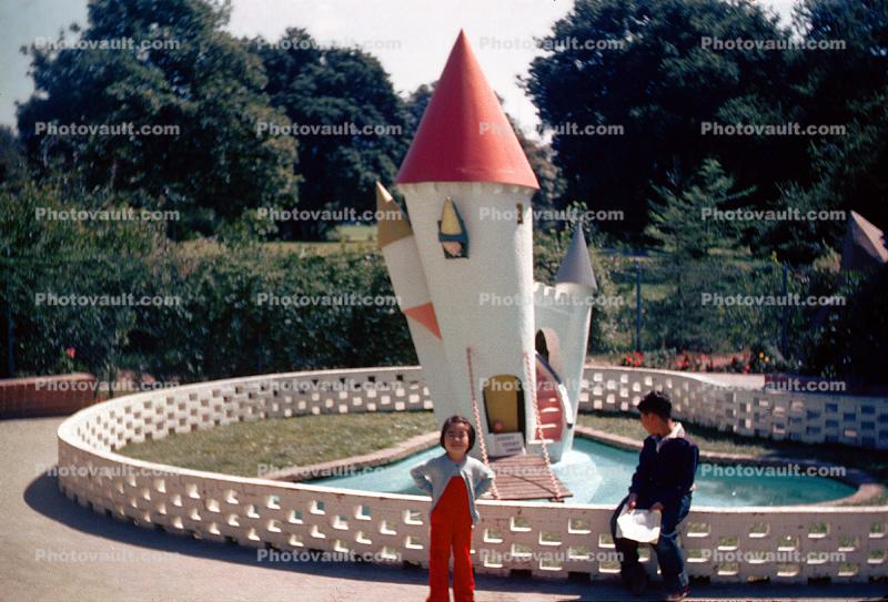 Castle, Moat, Drawbridge, Fence, Girl, Boy, cute, Children's Fairyland, Oakland, 1950s