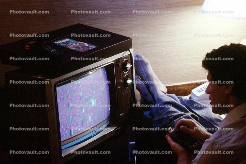 Man Playing Video Games, Atari Game, 1980s, Atari, Playvision, Television, Monitor