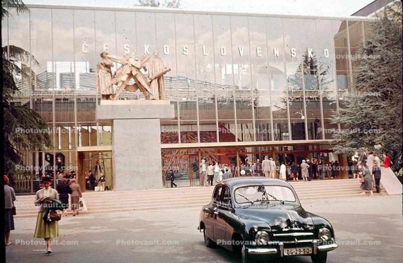 Czechoslovakia Pavilion, Ceskoslovensko, Brussels World's Fair, 1958, 1950s, cars, automobiles, vehicles