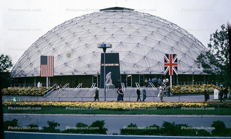 World's Fair Building, Churchill Tribute, Geodesic Dome, Flags