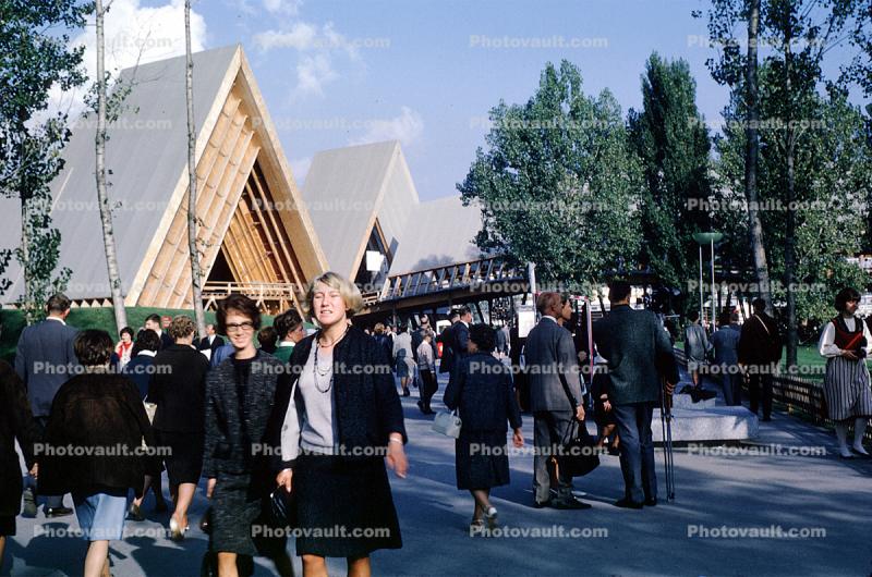 A-frame buildings, girls, women, walking, 1964, 1960s