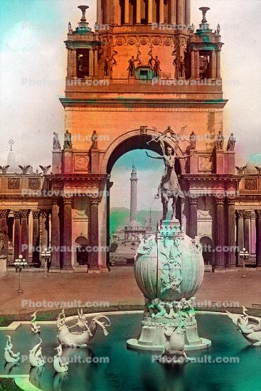 Water Fountain, aquatics, statues, Tower of Jewels, Panama Pacific International Exposition, 1915