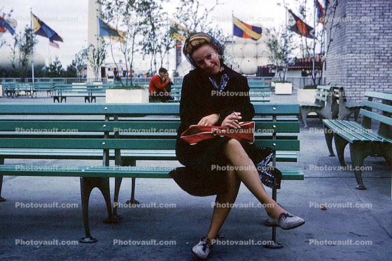 Woman, Bench, Smoking, New York Worlds Fair, 1964, 1960s