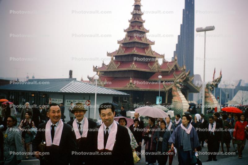 Pagoda, Men Walking, Smiles, Expo '70, Japan World Exposition, Osaka, Japan