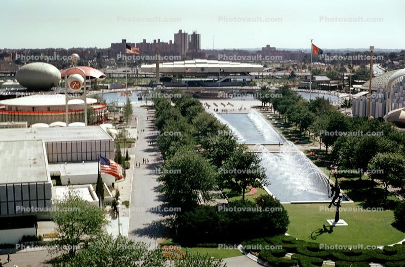 Rocket Thrower, Statue, Man, Bronze sculpture, Pavilions, Buildings, Water Fountain, aquatics, New York Worlds Fair, 1964, 1960s