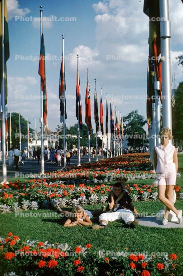 Flagpoles, garden, flowers, New York World's Fair, 1964