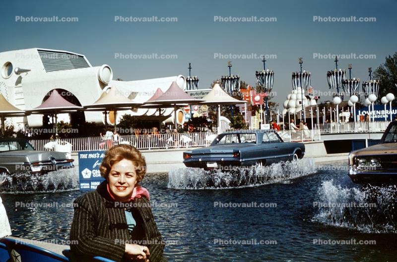 Woman, Cars, Chrysler Exhibit, Pavilion, Fountain, Chrysler, 1964, 1960s