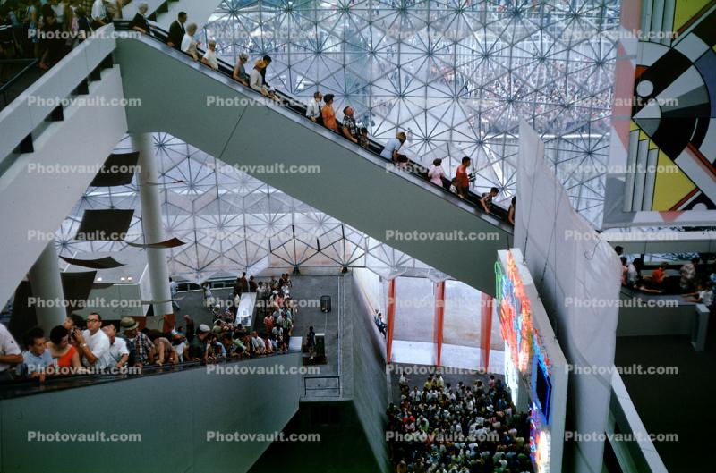 People, Crowds, Long Escalator, maze, United States Pavilion, Geodesic Dome