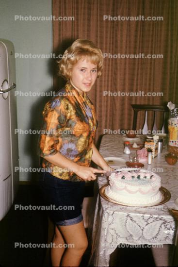Birthday Cake, girl, woman, table, shorts, flowery shirt, October 1962, 1960s