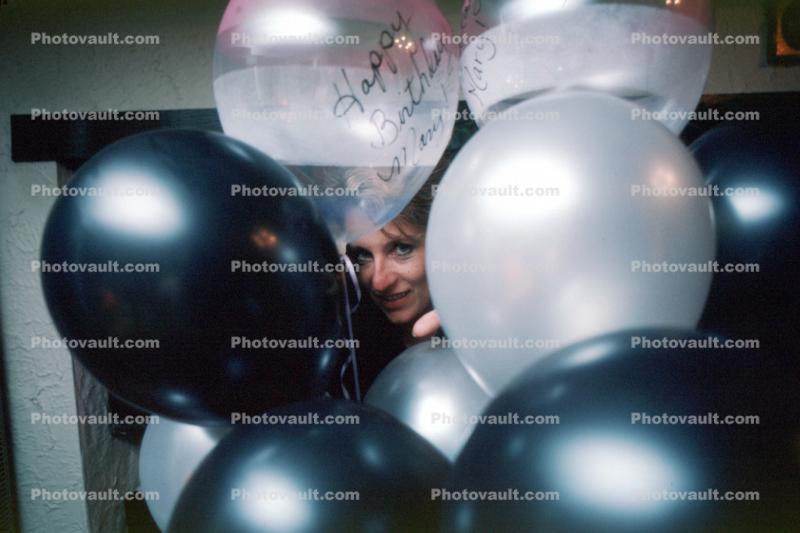 Helium Balloons, Woman, smiles, Birthday Party at WKPI Studios