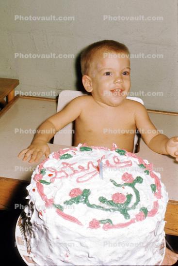 Birthday Cake, boy, shirtless, smiles, 1950s