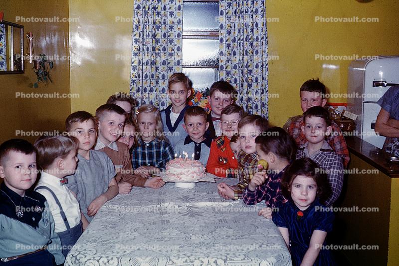 Cake, Candles, Boys, girls, curtains, 1940s