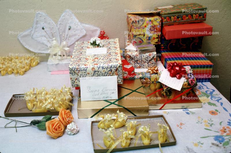 Presents, ribbons, roses, cards, wrapping, 1950s