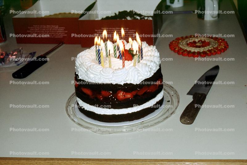 Happy Birthday Cake, Burning Candles, Knife, strawberry
