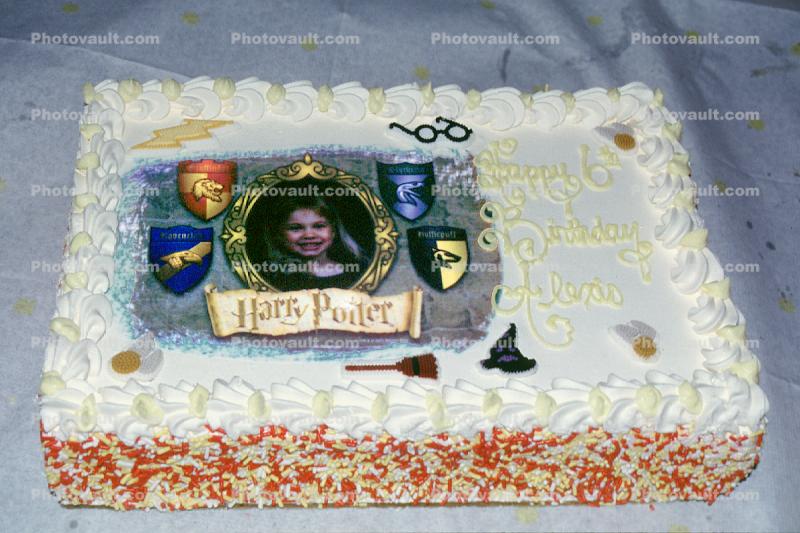 Harry Potter Happy Birthday Cake, frosting, glasses, broom, bird, lighting