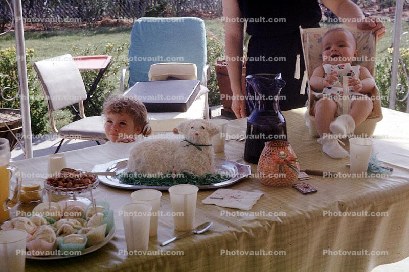 Babies, Cake, First Birthday, Smiles, Car Seat, Table, Backyard, May 1966, 1960s
