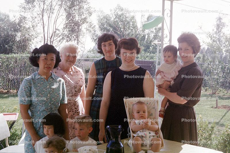 Backyard, Women, Mothers, Children, carriage, baby, Keri first birthday, May 1966, 1960s