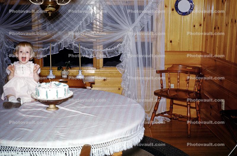 Cake, Lacy Curtains, Table, Smile, 1950s