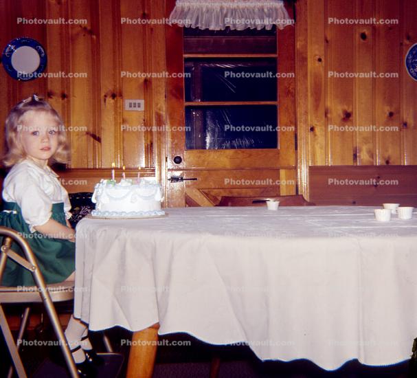 Girl, Cake, Table, Wooden Walls, Window, February 1962, 1960s