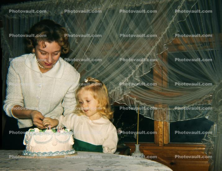 Mother, Daughter, Cake, Diaphanous Curtains, February 1962, 1960s