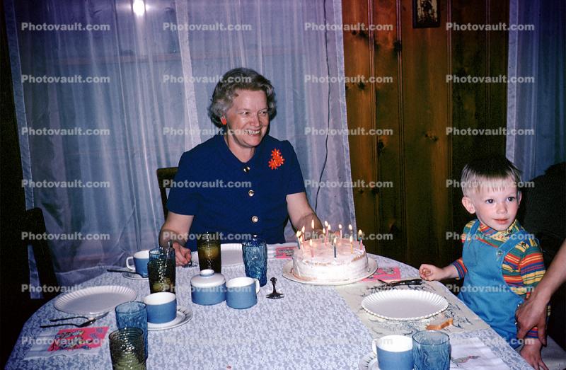 Cake, Candles, Boy, Grandmother, Grandson, Table, curtains, tablecloth, cups, 1960s