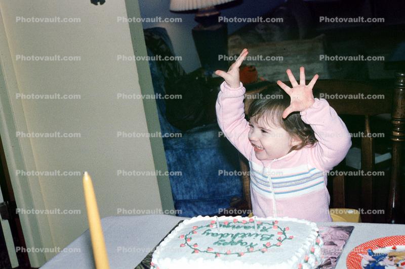 Girl, Happy, Smiles, Hands, Candle, Cake, 1980s