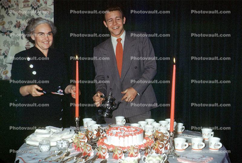 Man, Woman, Smiles, Cake, Candles, Table, Cups, 1954, 1950s