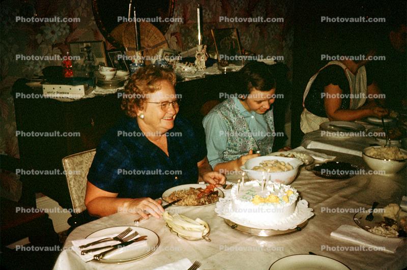 Woman, Smiles, Dinner, Eating, Table, Cake, 1950s