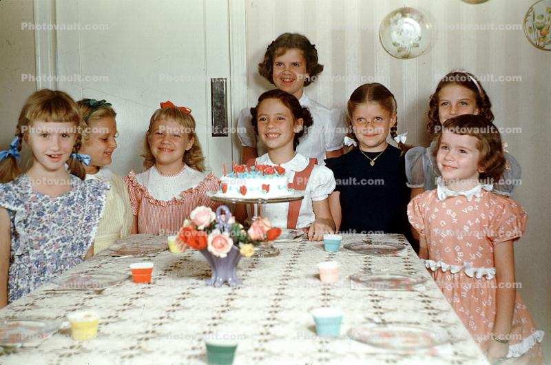 Girl, Cake, smiles, dress, pigtails, 1950s