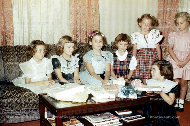 Girls, Sofa, Couch, Presents, Dress, table, curtains, 1950s