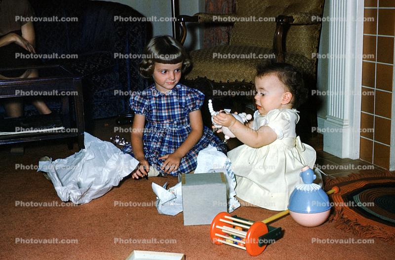 Girls, Sisters, Siblings, Presents, First Birthday, October 18 1949, 1940s, 1950s