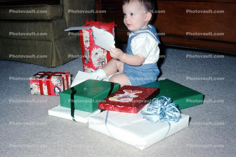 Boy, Presents, Toddler, ribbons, May 1967, 1960s