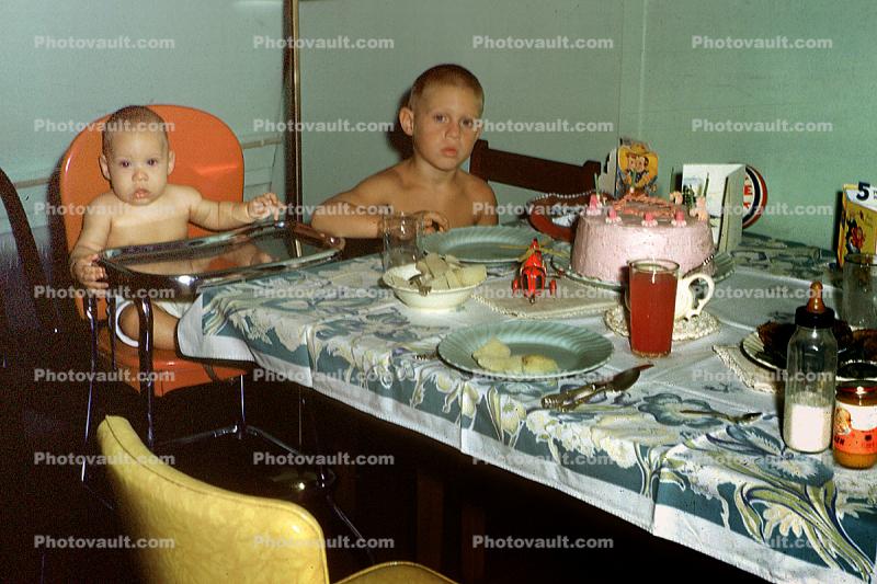 Boy, toddler, Pink Cake, Table, Plates, Brothers, Siblings, March 1955, 1950s