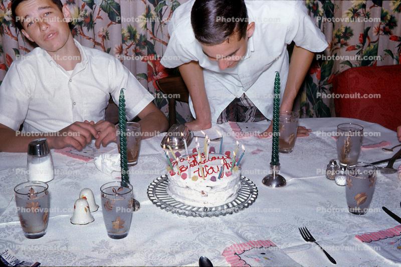 Boys, Teens, Cake, Table, Candles, 1960s