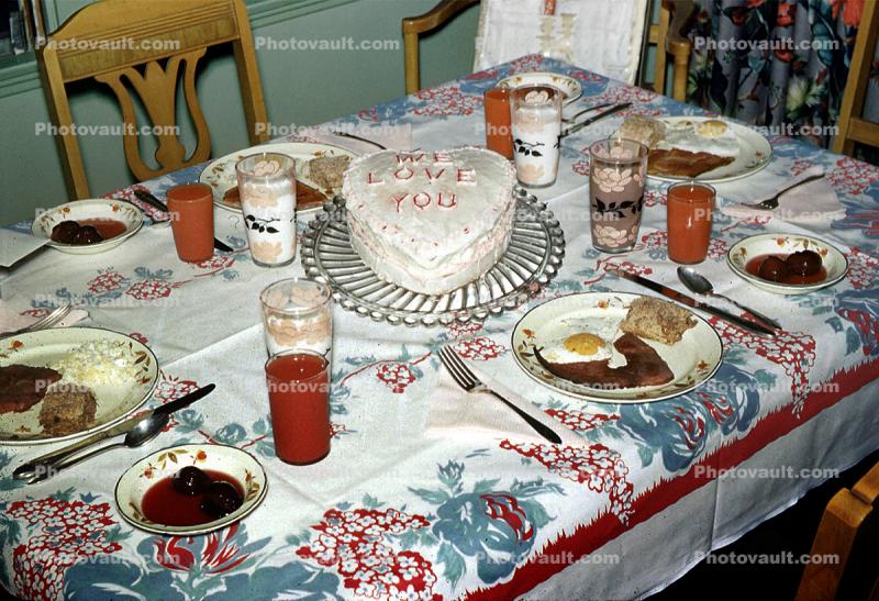 Heart Cake, Table, Plates, Cups, Tablecloth, October 1959, 1950s