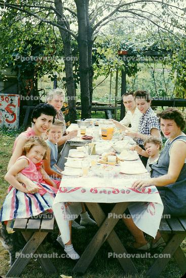 girls, women, Backyard Birthday Celebration, Picnic Table, 1960s