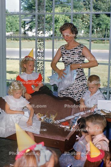 Girls, Woman, mother, Party Dresses, Smiles, Hats, Wrapping Paper, 1950s