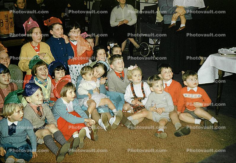 Kids Watching a show, girls, boys, toddlers, 1950s