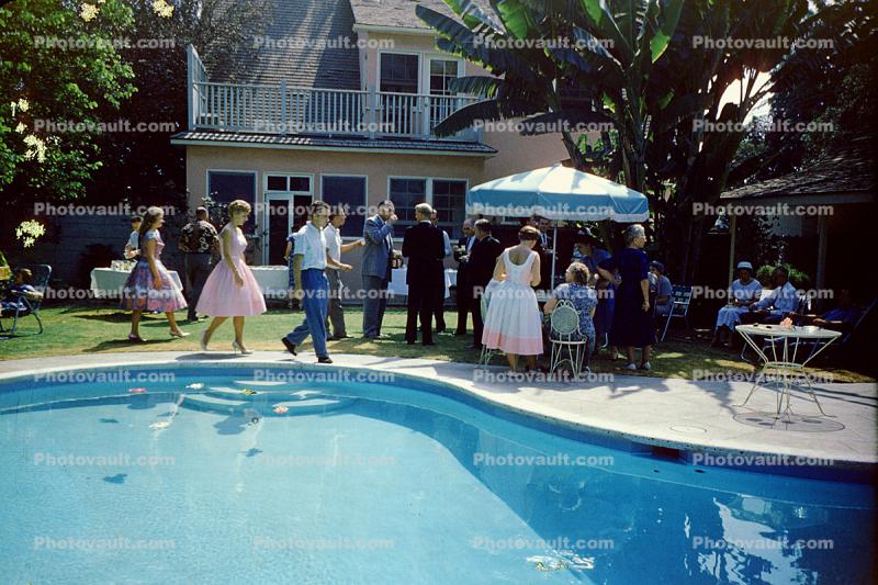 Swimming Pool, Poolside, Umbrella, Water, Backyard, Home, House, 1960s